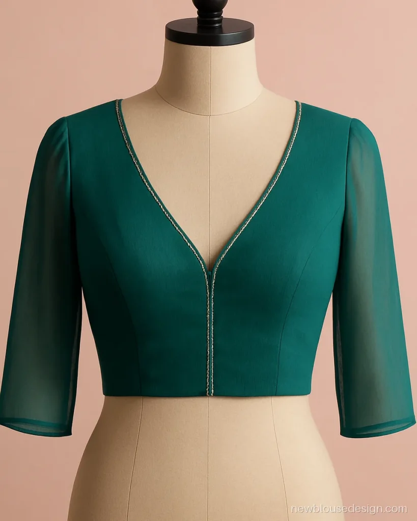 Blouse front design with a deep V neck in teal georgette and a fine sequin border
