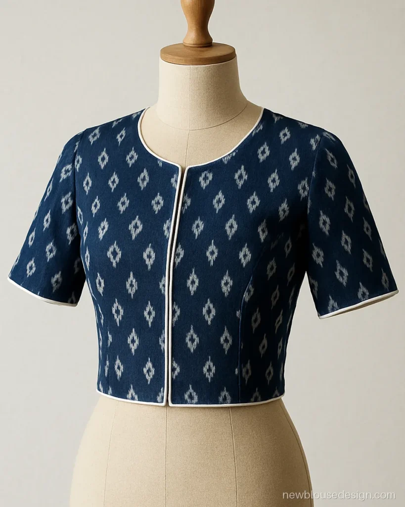 Front huk blouse design in navy ikat cotton with white piping and a neat round neck
