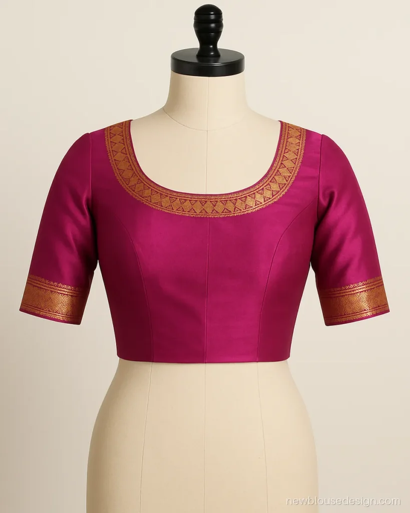 Saree blouse front design in magenta Kanjivaram silk with a temple border yoke around the neck