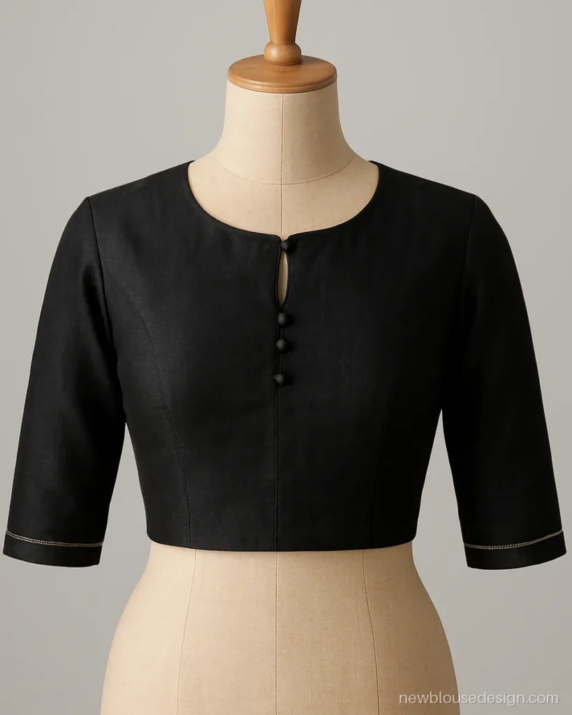 Front blouse design with a small keyhole and three cloth covered buttons in black chanderi