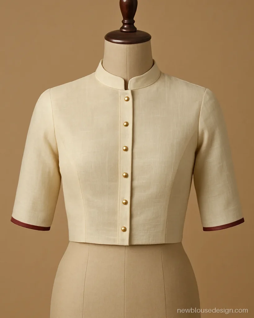 Stylish front blouse design with a mandarin collar in ivory kota and gold buttons