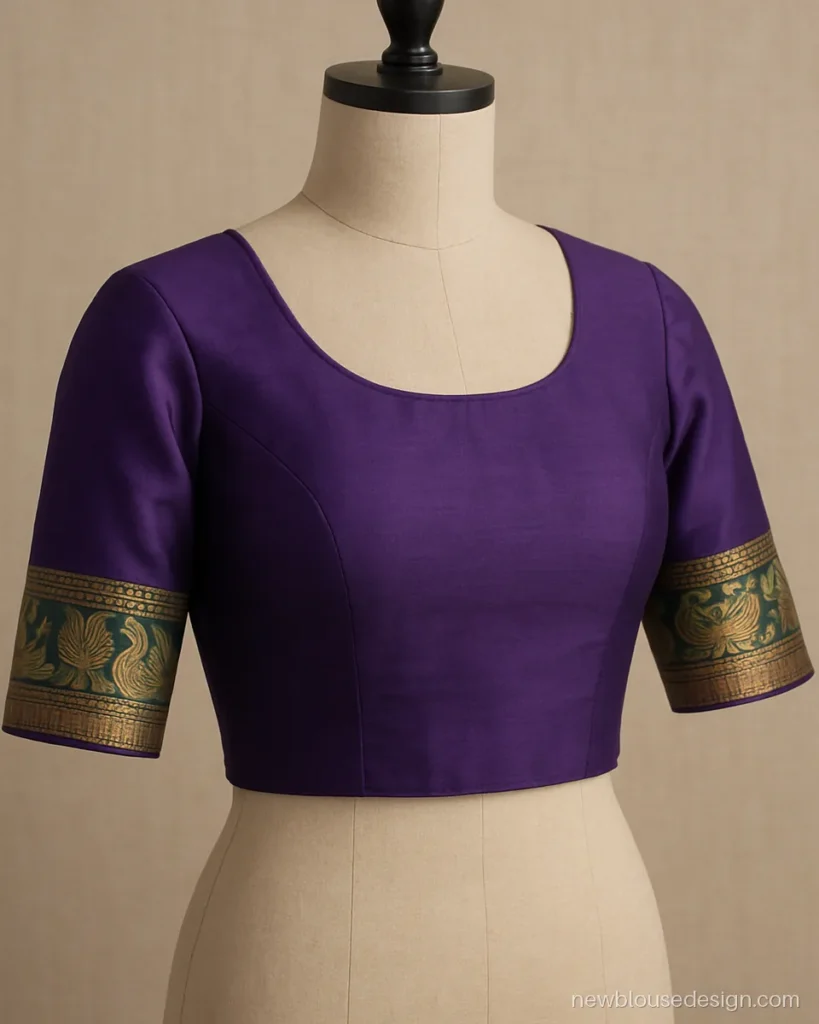 Blouse design front with Paithani peacock border on the sleeves and a round neck in purple