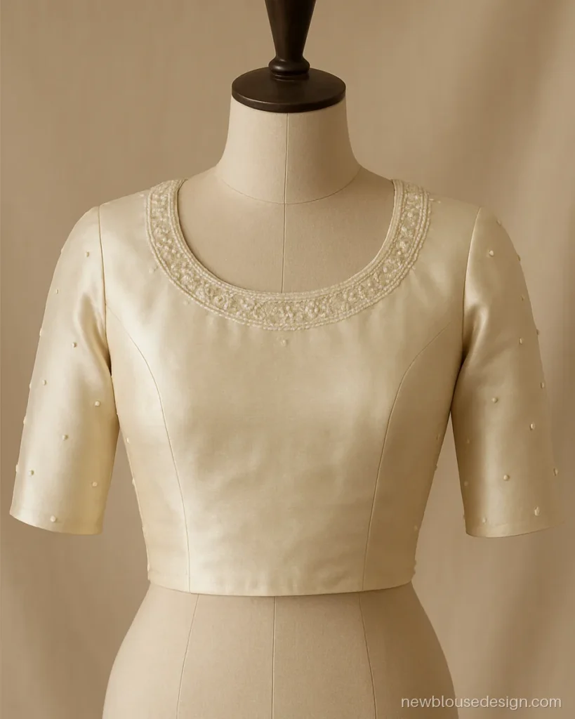 Stylish blouse design front in ivory tissue with pearl and white thread work around the neck