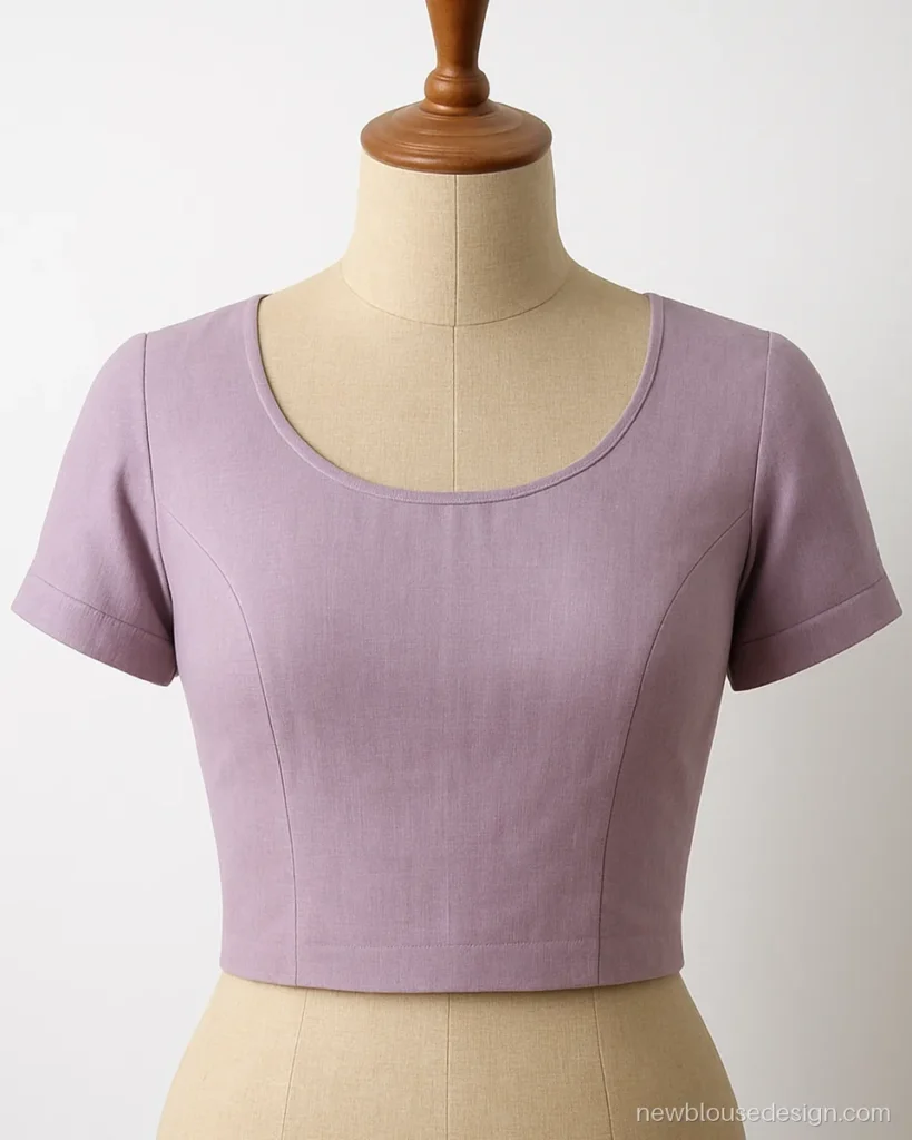 Indian simple blouse front design with a plain gol gala in lavender cotton