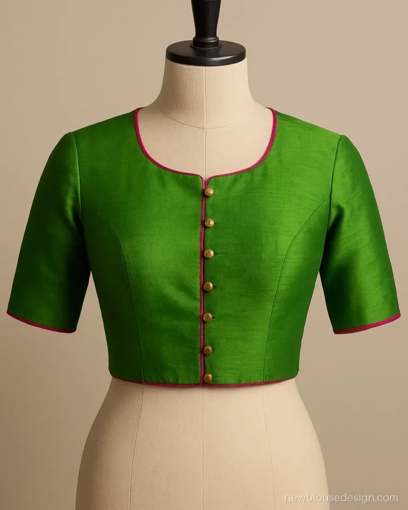 Front side blouse design with gold potli buttons and pink piping on parrot green raw silk