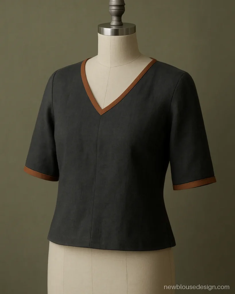 Simple front neck blouse design with a shallow V and rust tape edge in grey linen