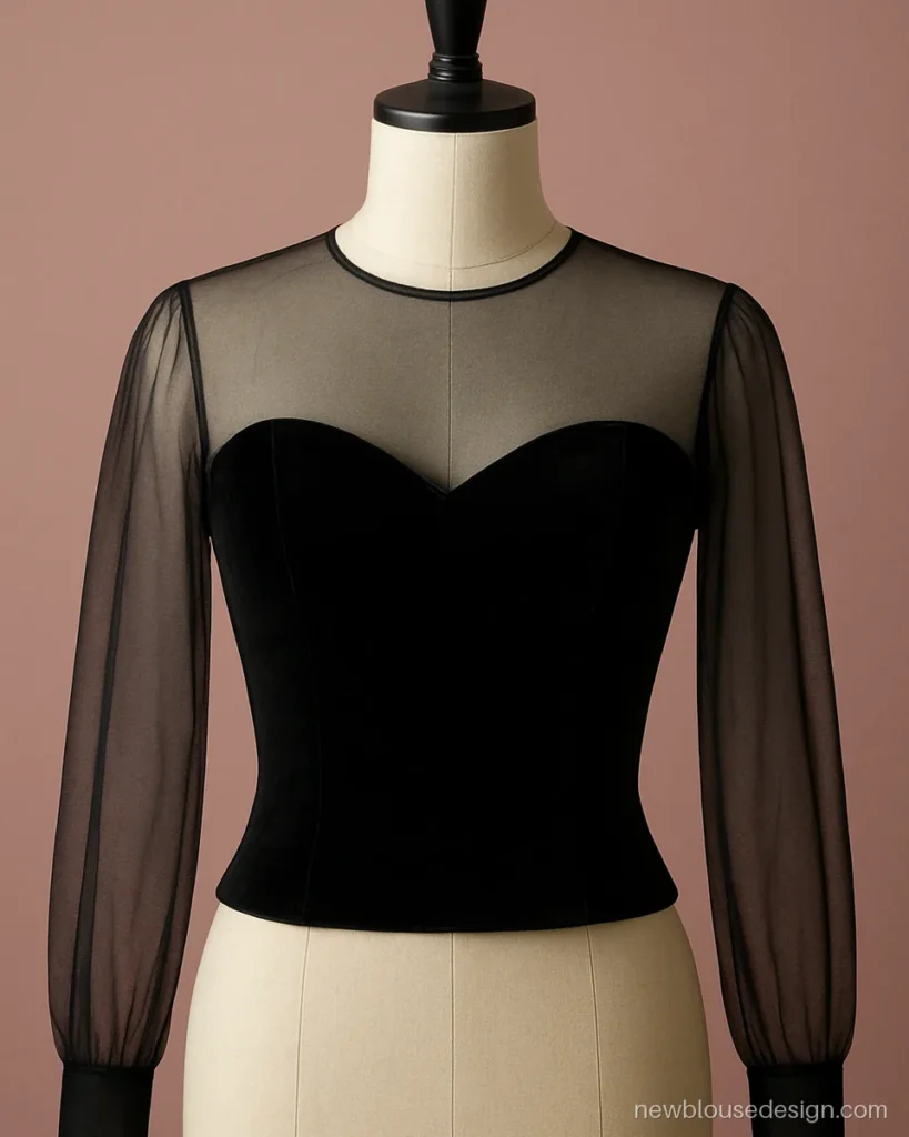 Front blouse neck design with a sheer black net yoke above a black velvet sweetheart body