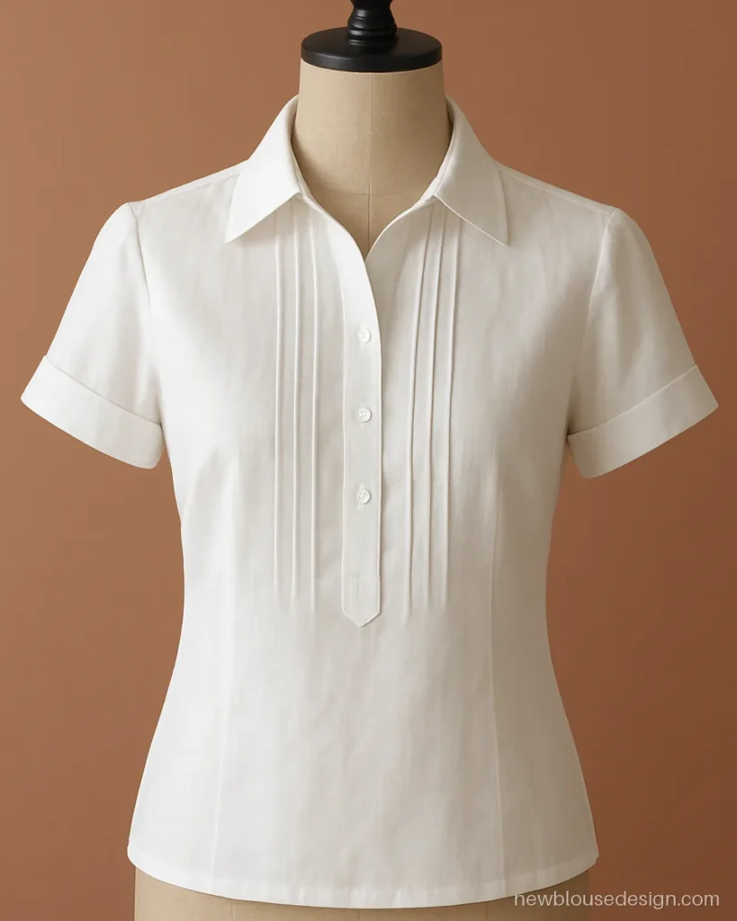 Front side blouse design with a shirt collar and pintucks in crisp white cotton