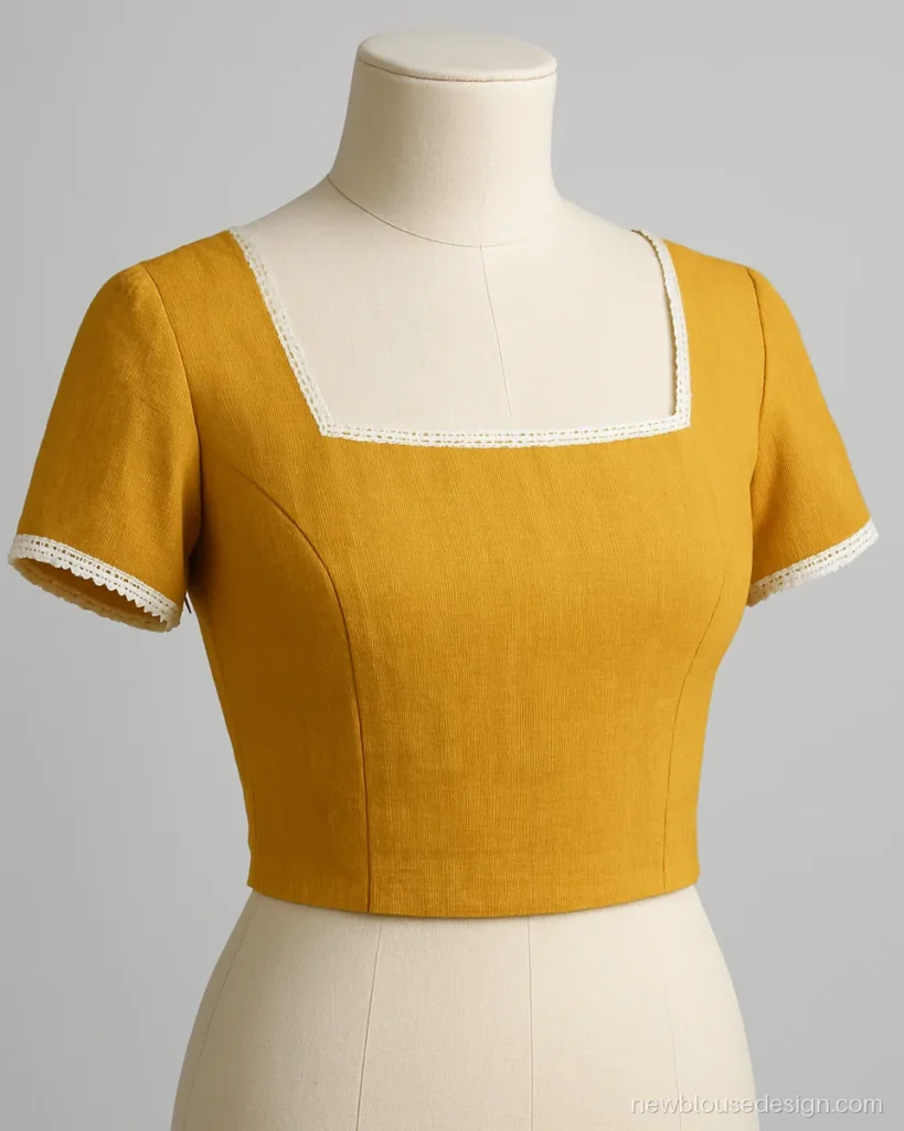 Front neck blouse design in mustard cotton with a wide square gala and white lace edge