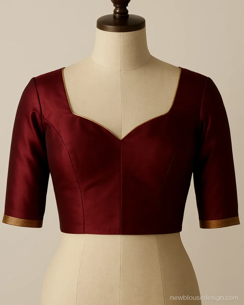 Front blouse neck design with a sweetheart shape in maroon silk and gold zari piping