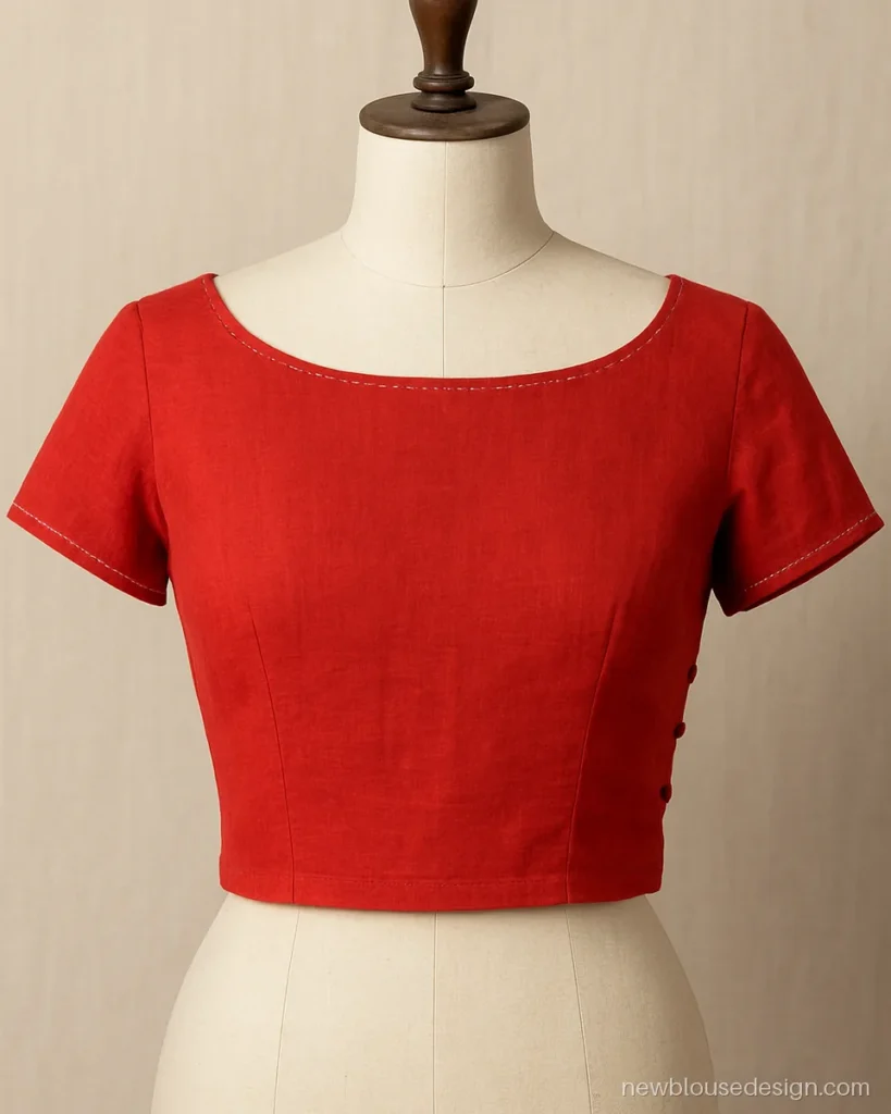 Simple front blouse design with a wide boat neck in red mul cotton and short sleeves