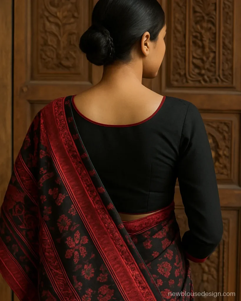 Simple black cotton full sleeve blouse with red piping and a round back