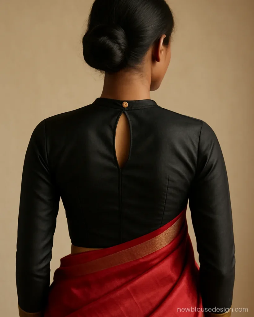Black blouse design full sleeves in silk with a keyhole back and button