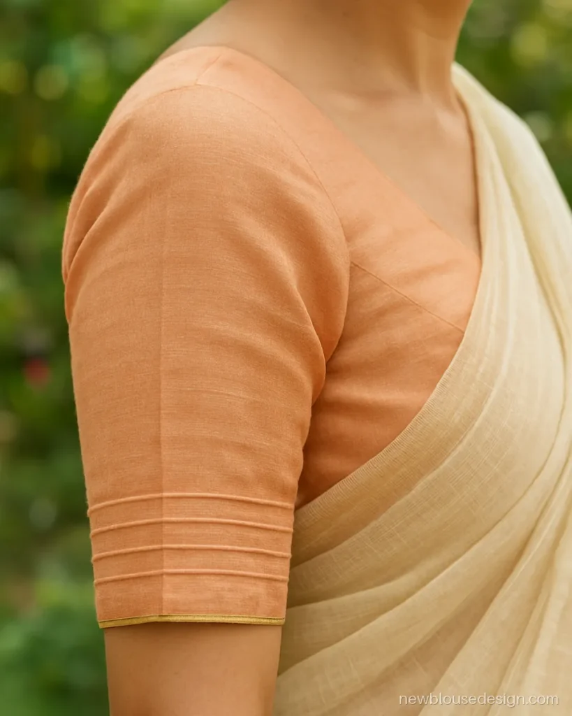 Peach chanderi elbow sleeve blouse with pin tucks on the sleeve