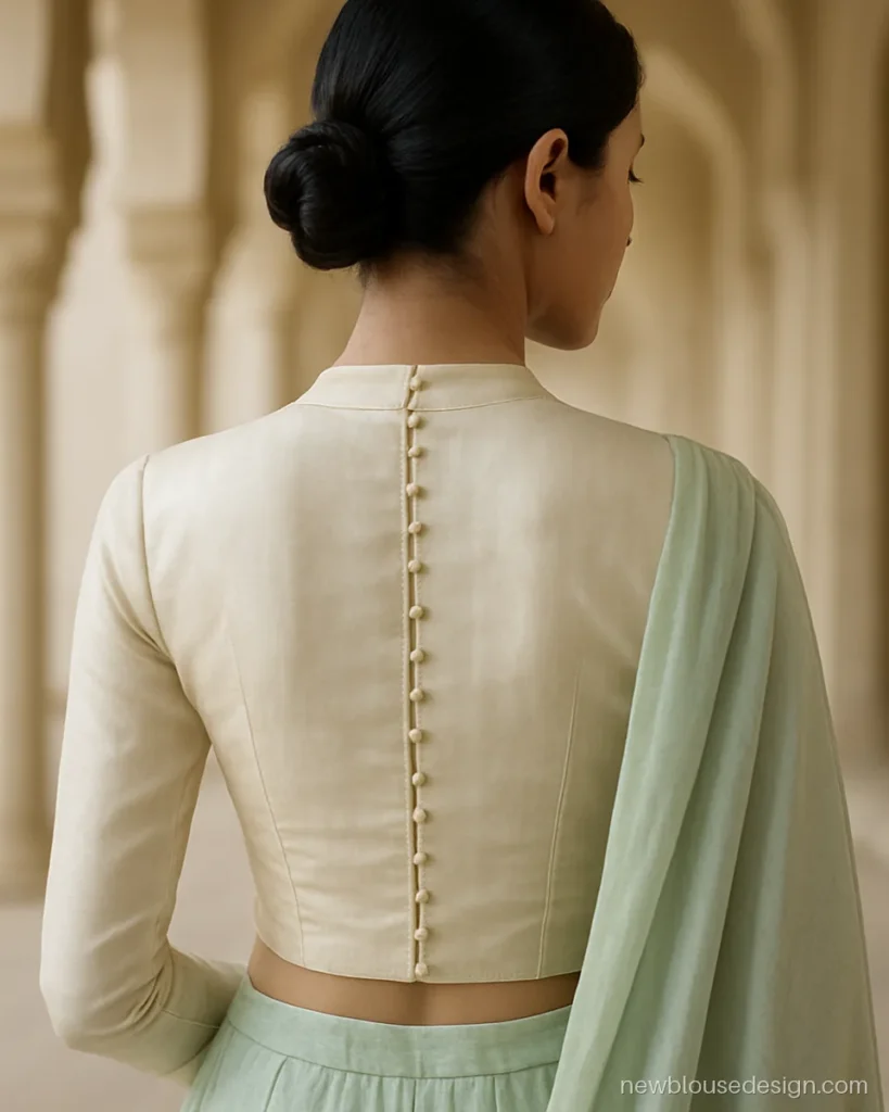 Ivory silk full sleeve blouse design for lehenga with pearl buttons