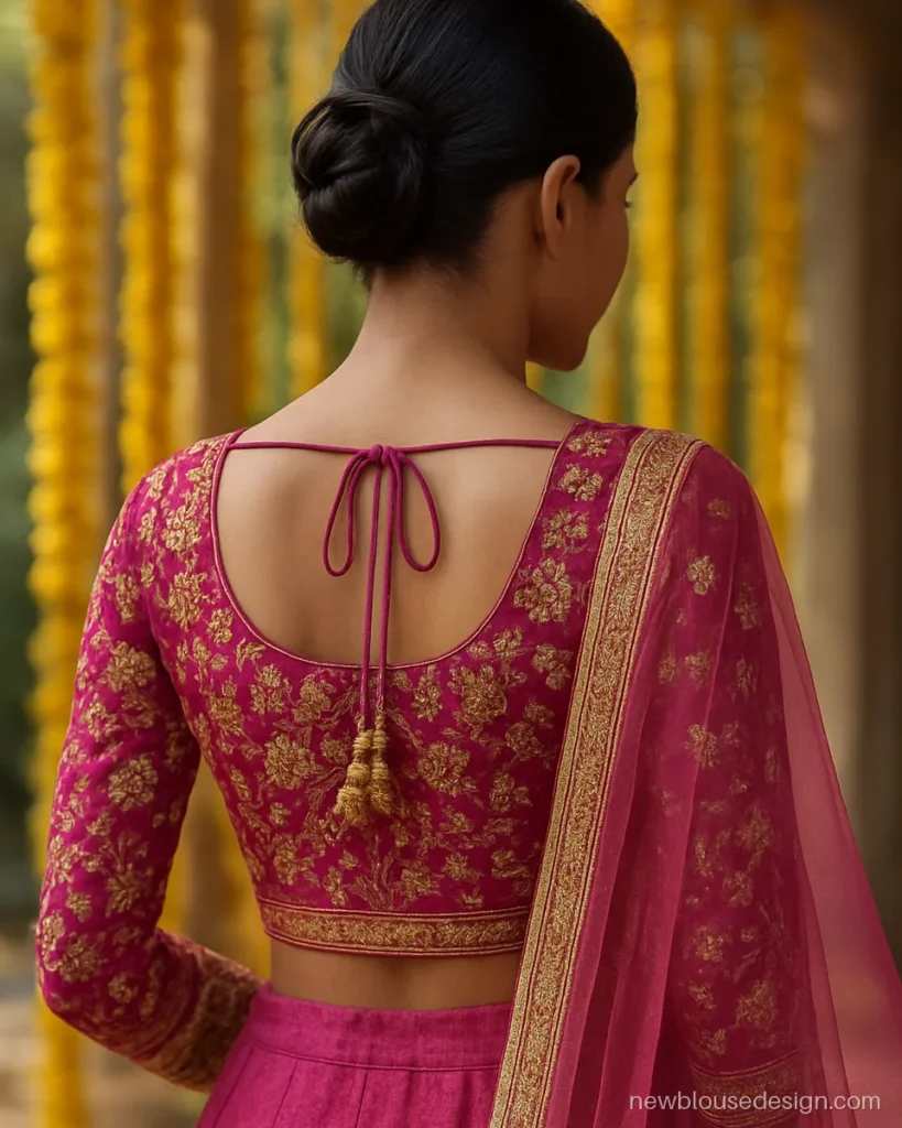 Rani pink full sleeves lehenga blouse with zardozi work on the sleeves