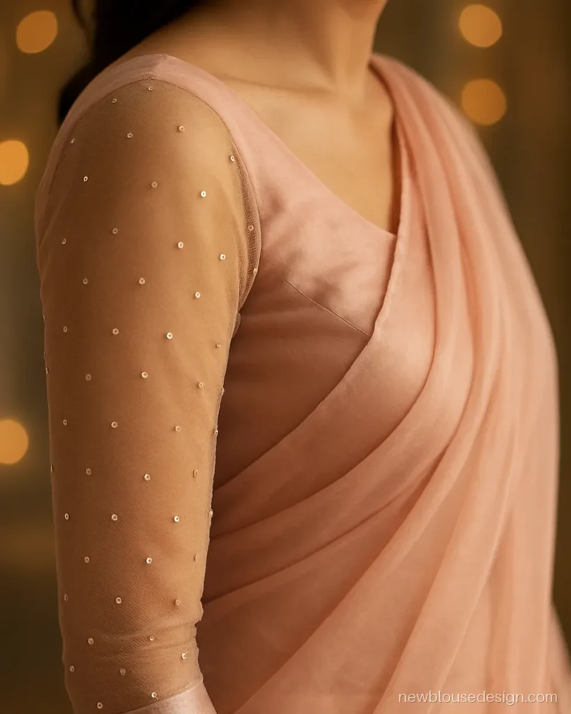 Blush pink blouse with sheer net full sleeves and scattered sequins