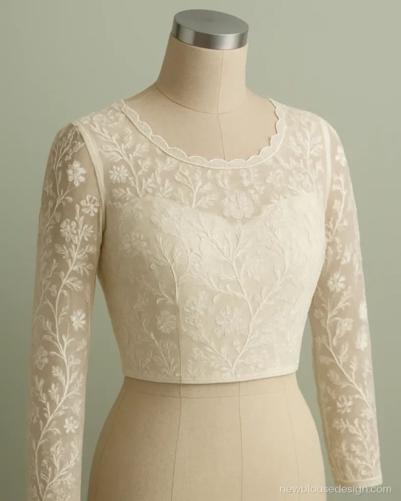 Ivory net long sleeves blouse design with white thread chikankari