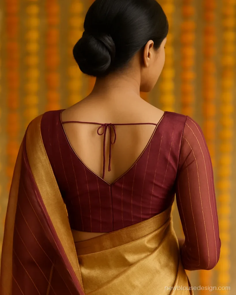 Wine net full sleeve blouse with thin gold zari stripes down the sleeve