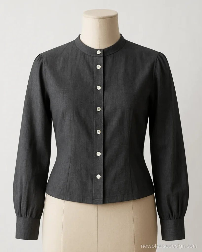 Grey khadi full sleeve blouse with a small collar and front buttons