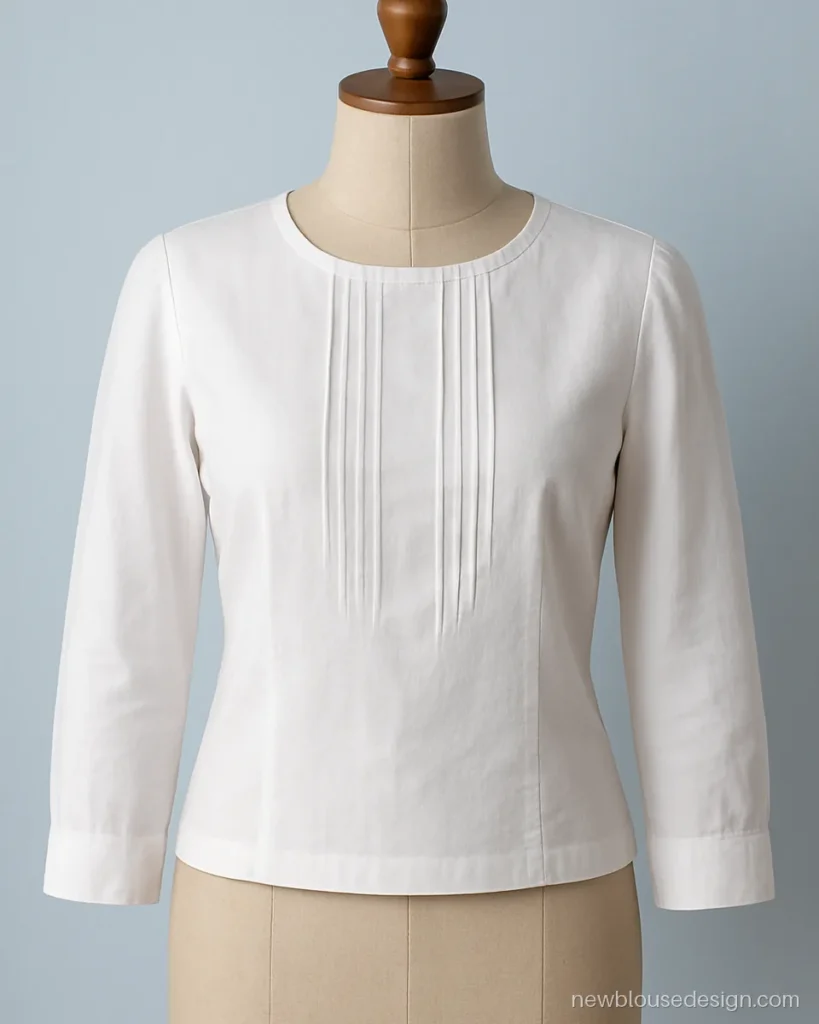White full sleeve blouse design in cotton with pin tucks on the front