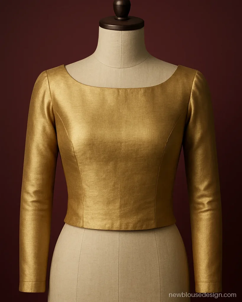 Gold tissue silk full hand blouse design with a boat neck front