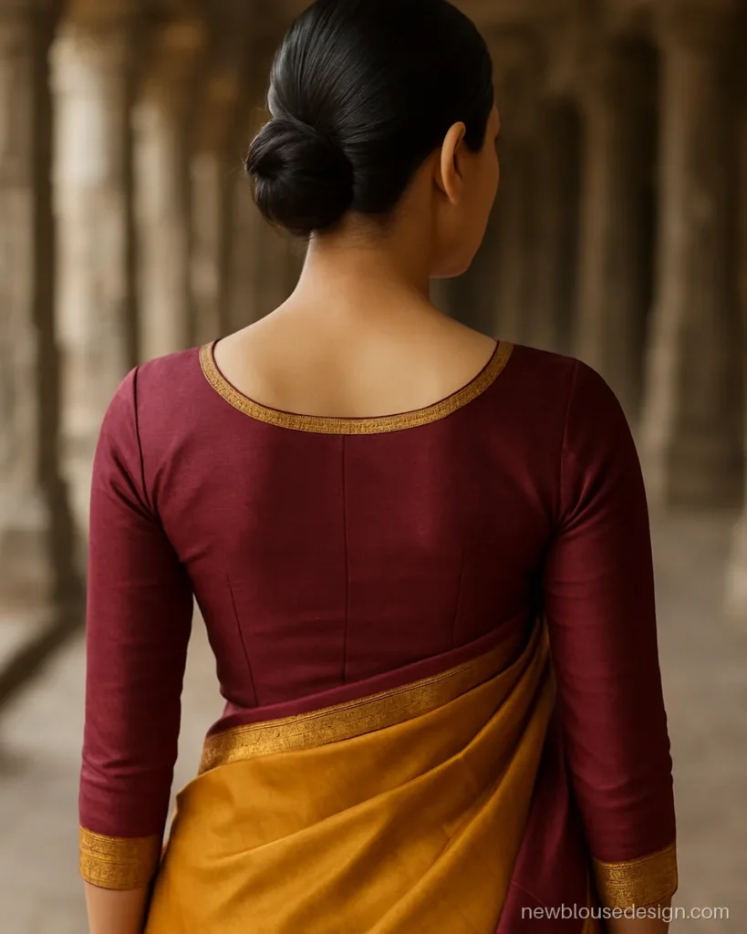 Maroon Kanjivaram silk full sleeve blouse with a temple border at the wrist