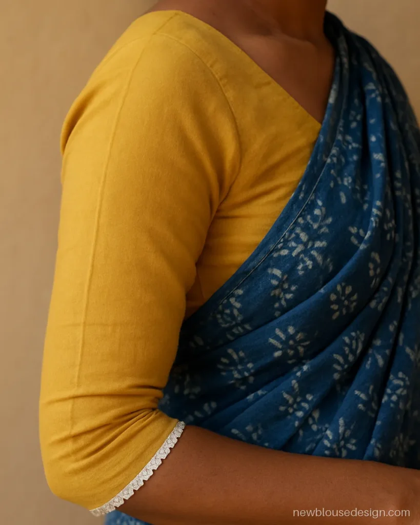 Mustard cotton 3/4 sleeves blouse with a white lace edge