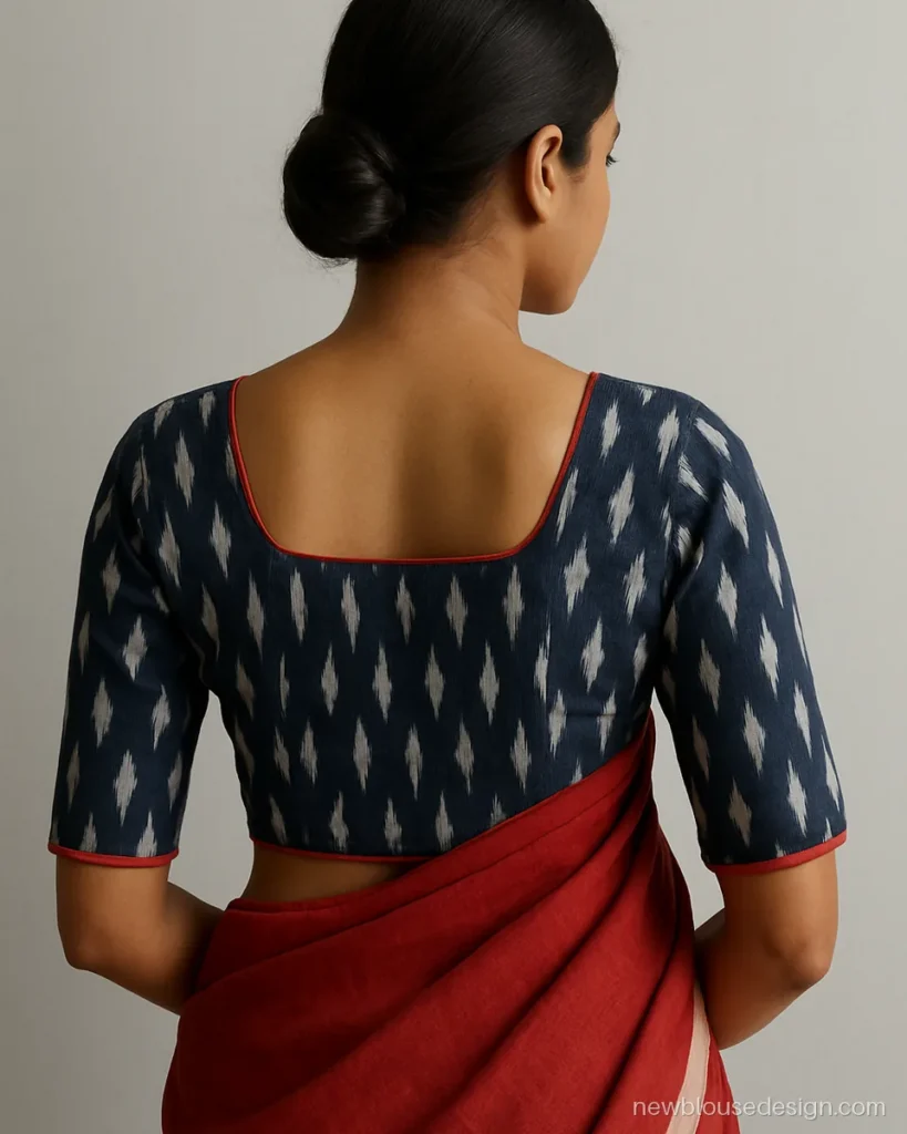 Navy ikat blouse with three-quarter sleeves and a square back