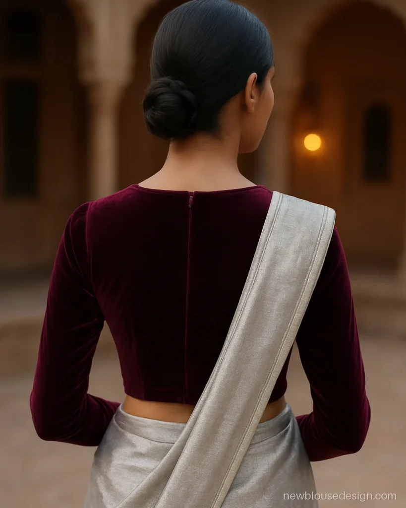 Plum velvet long sleeves blouse with a high round neck and back zip