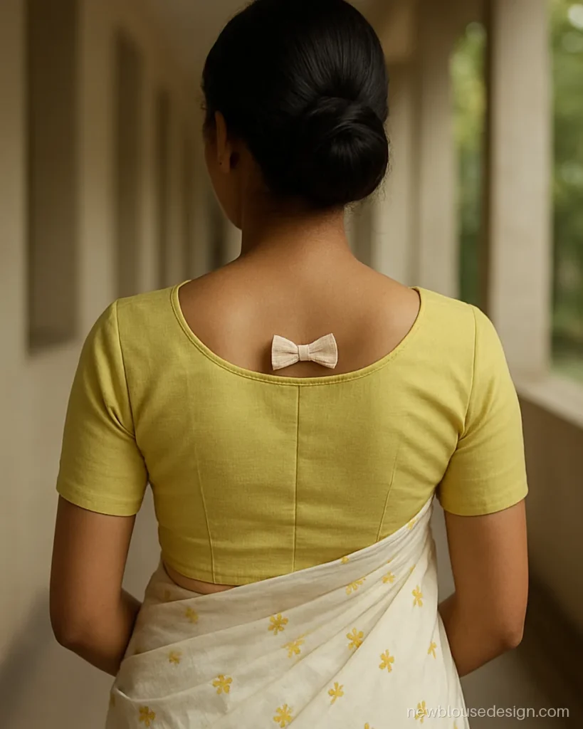 Lemon yellow cotton blouse with round back and small white bow