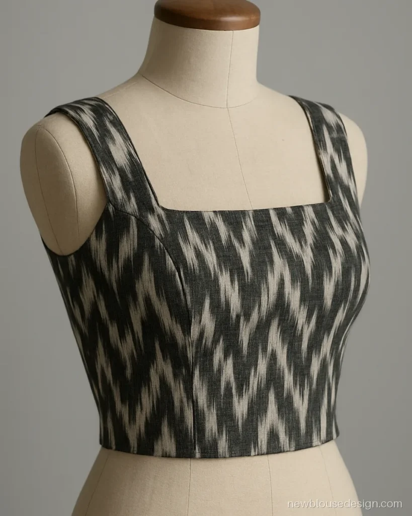 Black and white ikat cotton sleeveless blouse with broad straps
