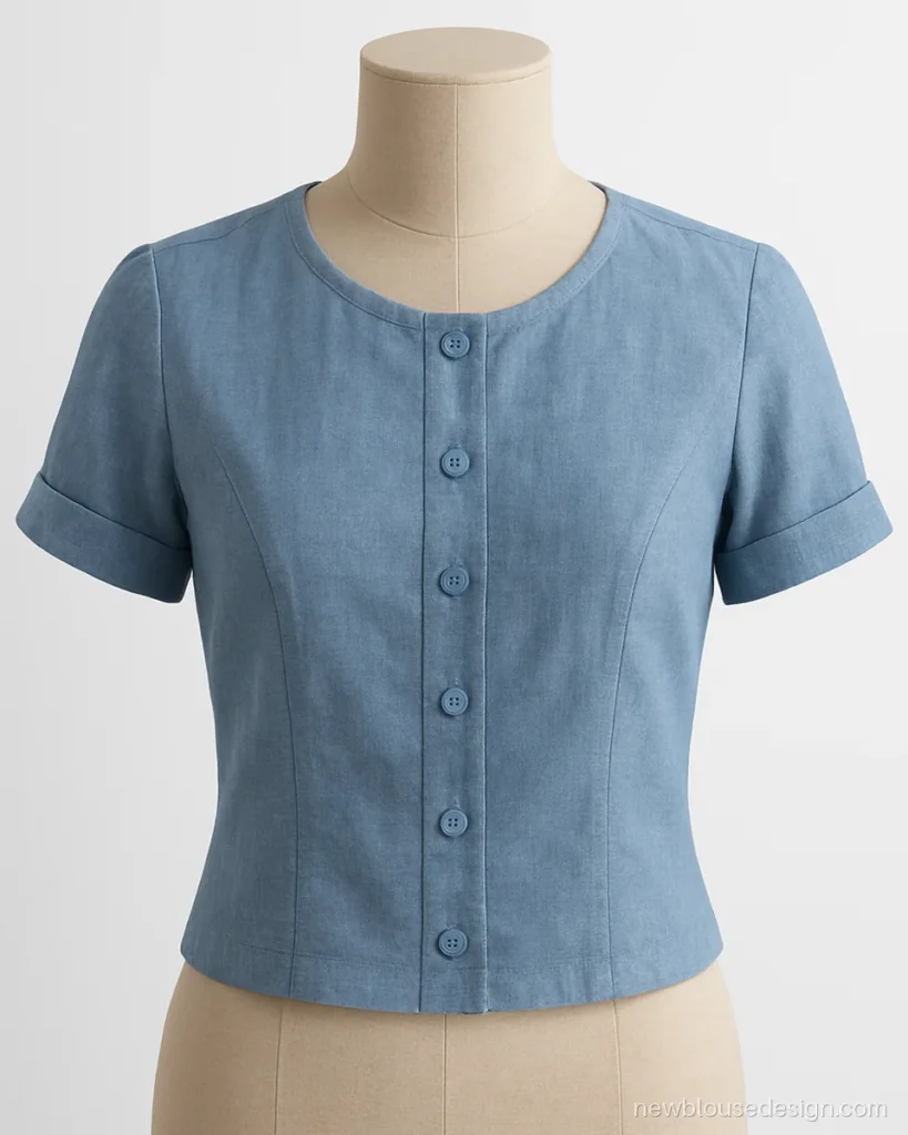 Light blue chambray blouse with small round neck and short sleeves with turned cuffs