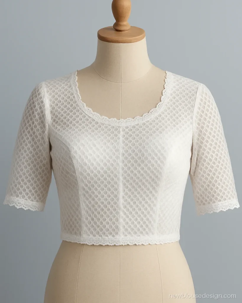 White net blouse with scalloped lace edge on neck and sleeves