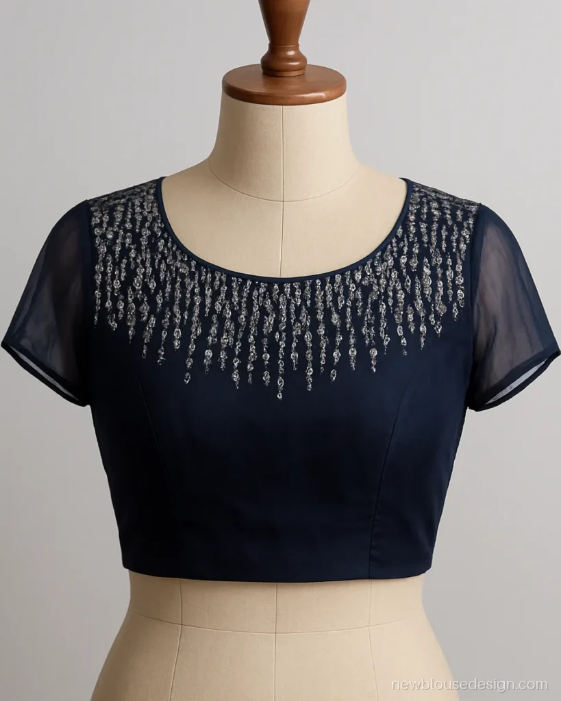 Navy georgette blouse with sequin yoke and sheer short sleeves