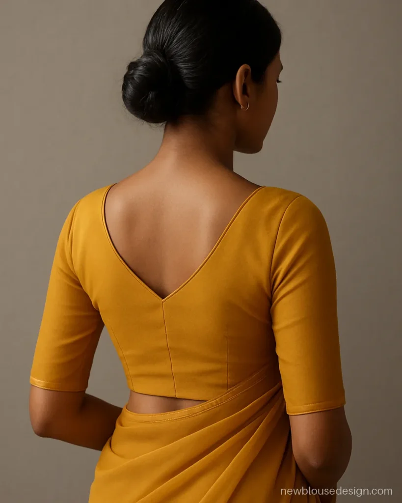 Mustard georgette blouse with narrow V back and thin piping