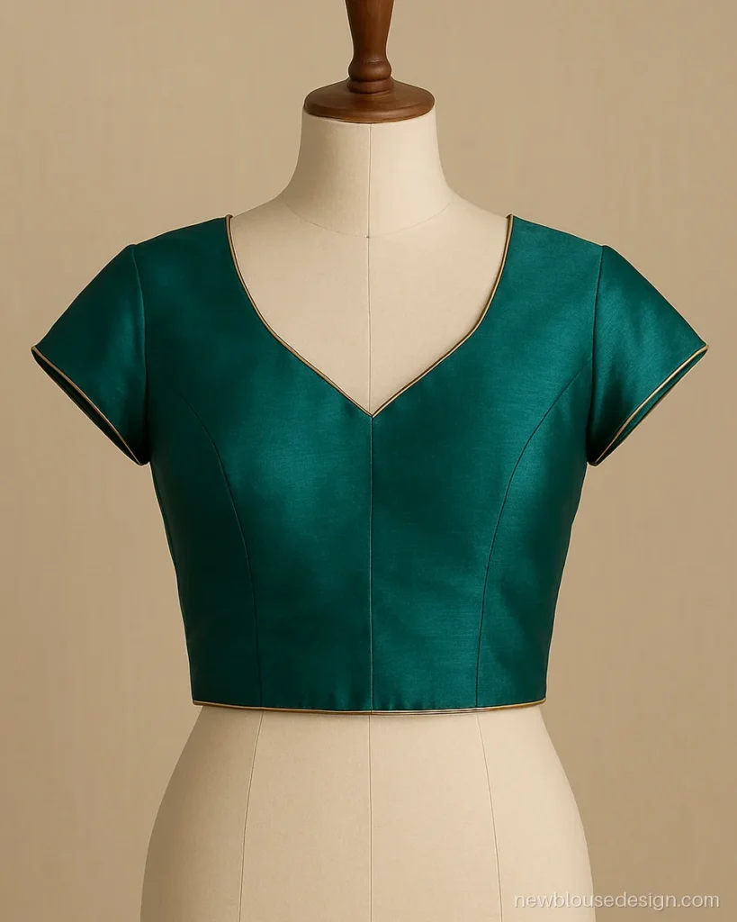 Teal silk blouse with V neck front and short cap sleeves