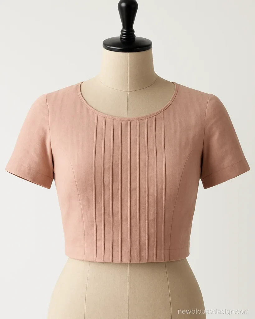 Blush cotton blouse with vertical pintucks running down the front