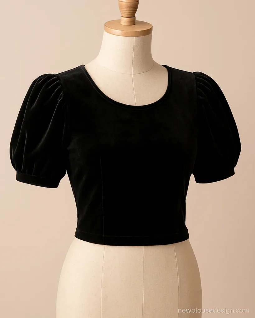 Black velvet blouse with short balloon sleeves and round neck
