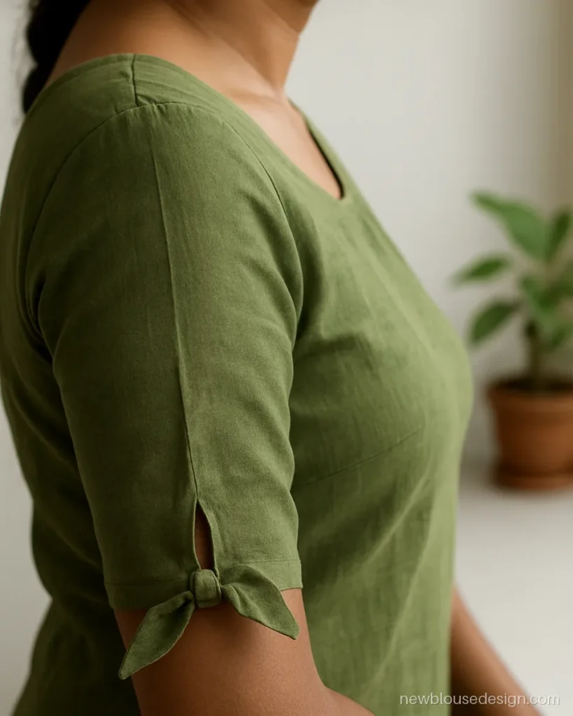 Green cotton blouse with elbow sleeves tied in a small knot at the hem