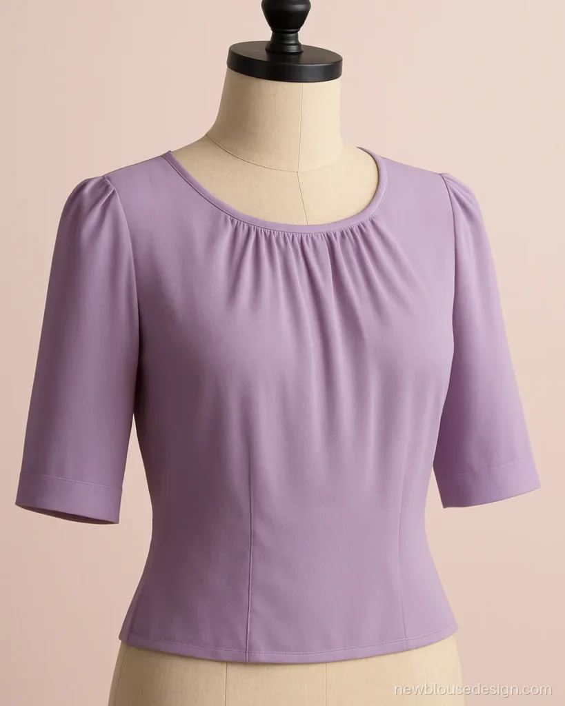 Lilac georgette blouse with gathered front yoke and elbow sleeves