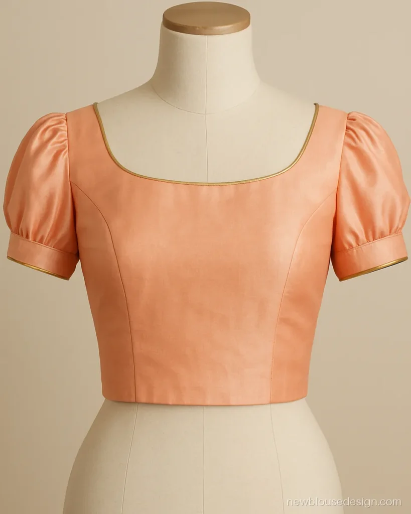Peach silk blouse with boat neck and gathered puff sleeves for a slim frame