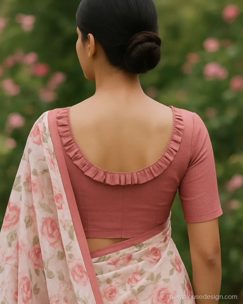 Rose crepe blouse back with ruffle frill along a U neck