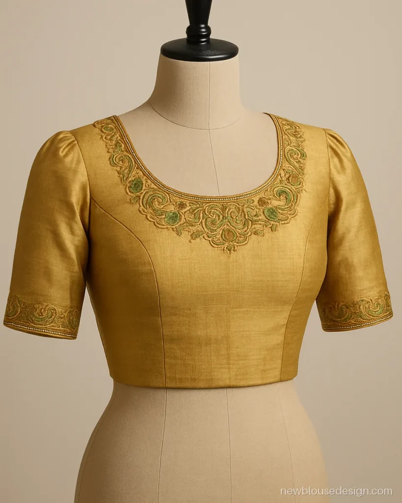 Antique gold raw silk blouse with maggam work peacocks around the front neck