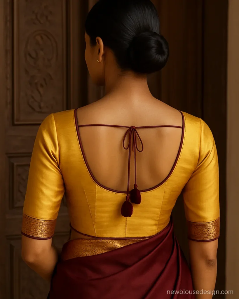 Golden silk blouse with deep U back, maroon velvet piping and maroon latkans