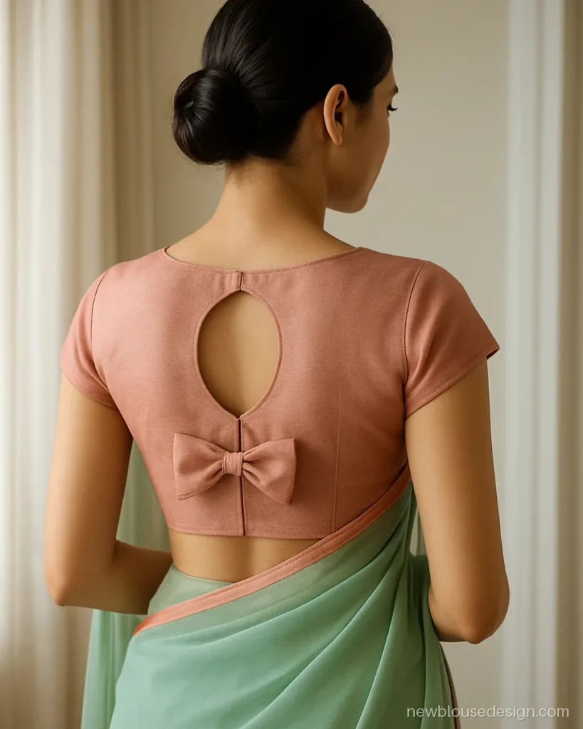 Rose gold crepe blouse with an oval back cut-out and a self fabric bow
