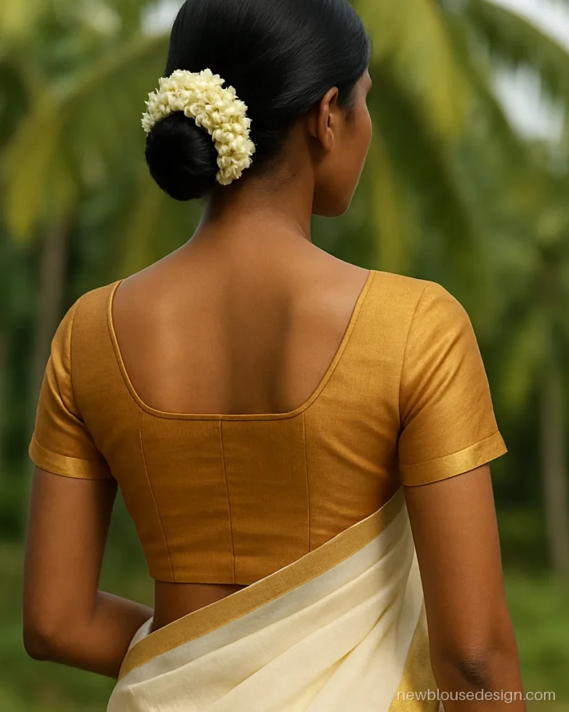 Simple golden blouse back design with square neck and self piping for a kasavu saree