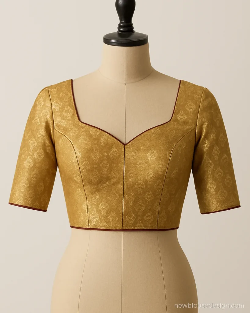 Gold Banarasi brocade blouse front with sweetheart neck and maroon piping