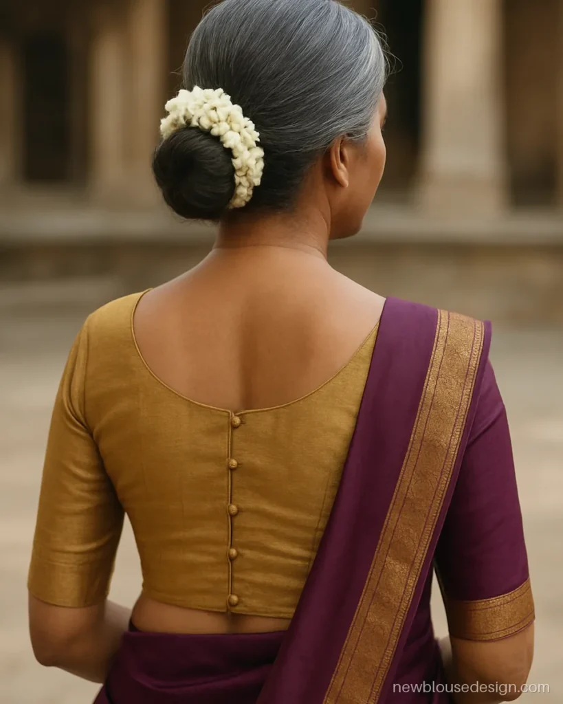Golden silk blouse with boat back and small fabric button loops down the centre