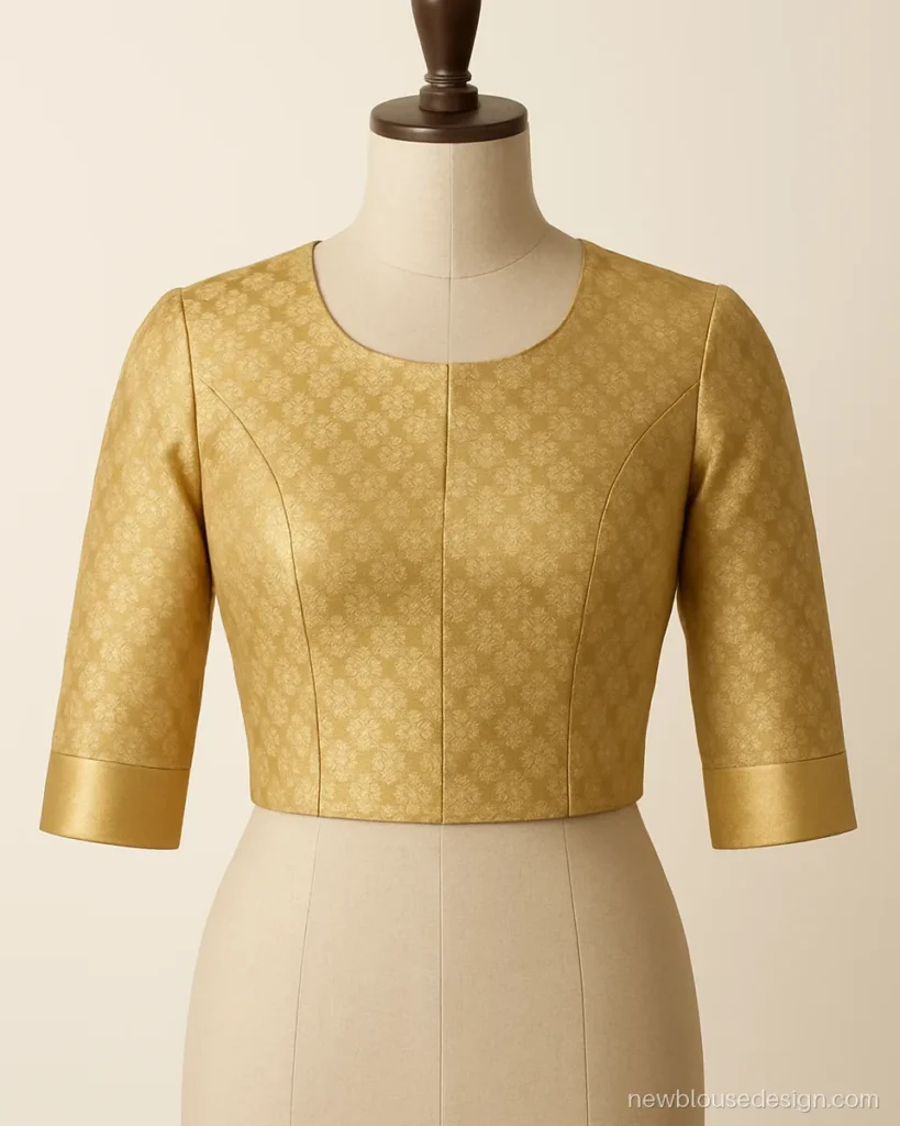 Gold brocade blouse with round neck, three quarter sleeves and princess cut